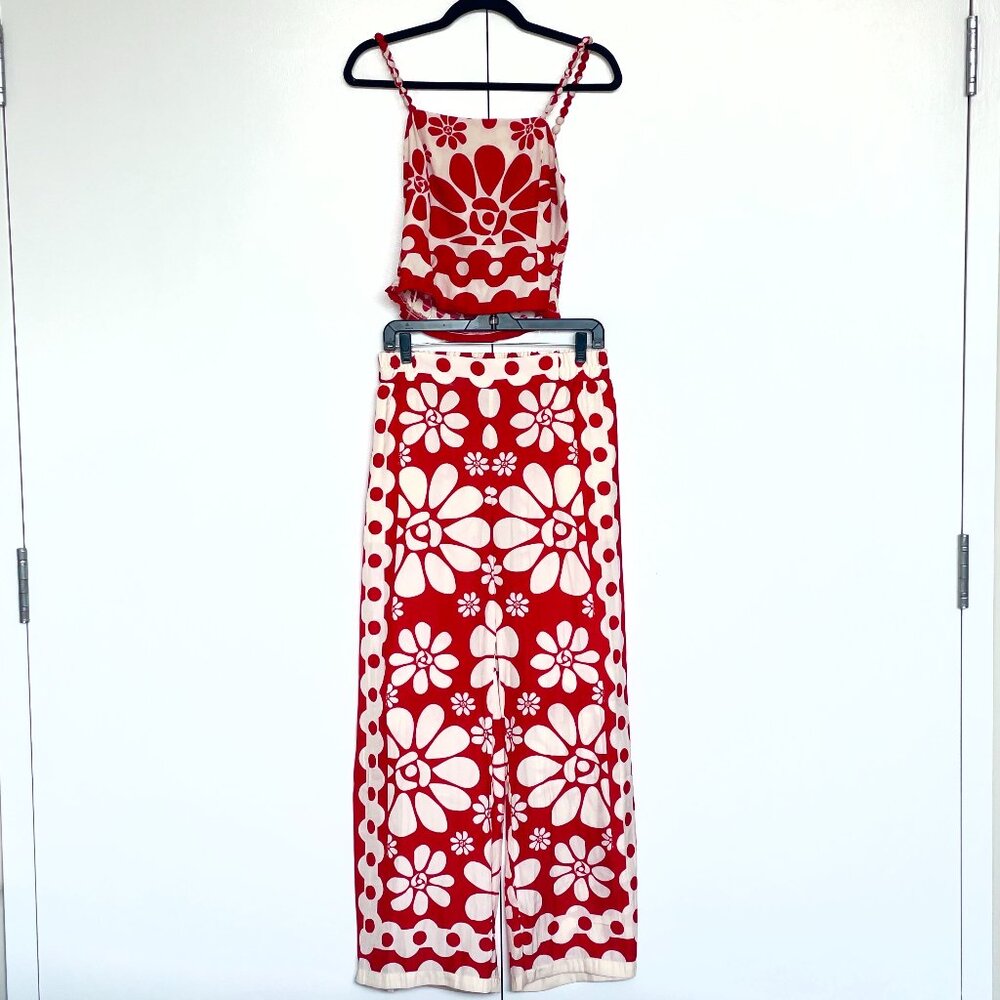 Rose + Olive | Red cream floral satin sleeveless top + wide leg pants set | Sz S